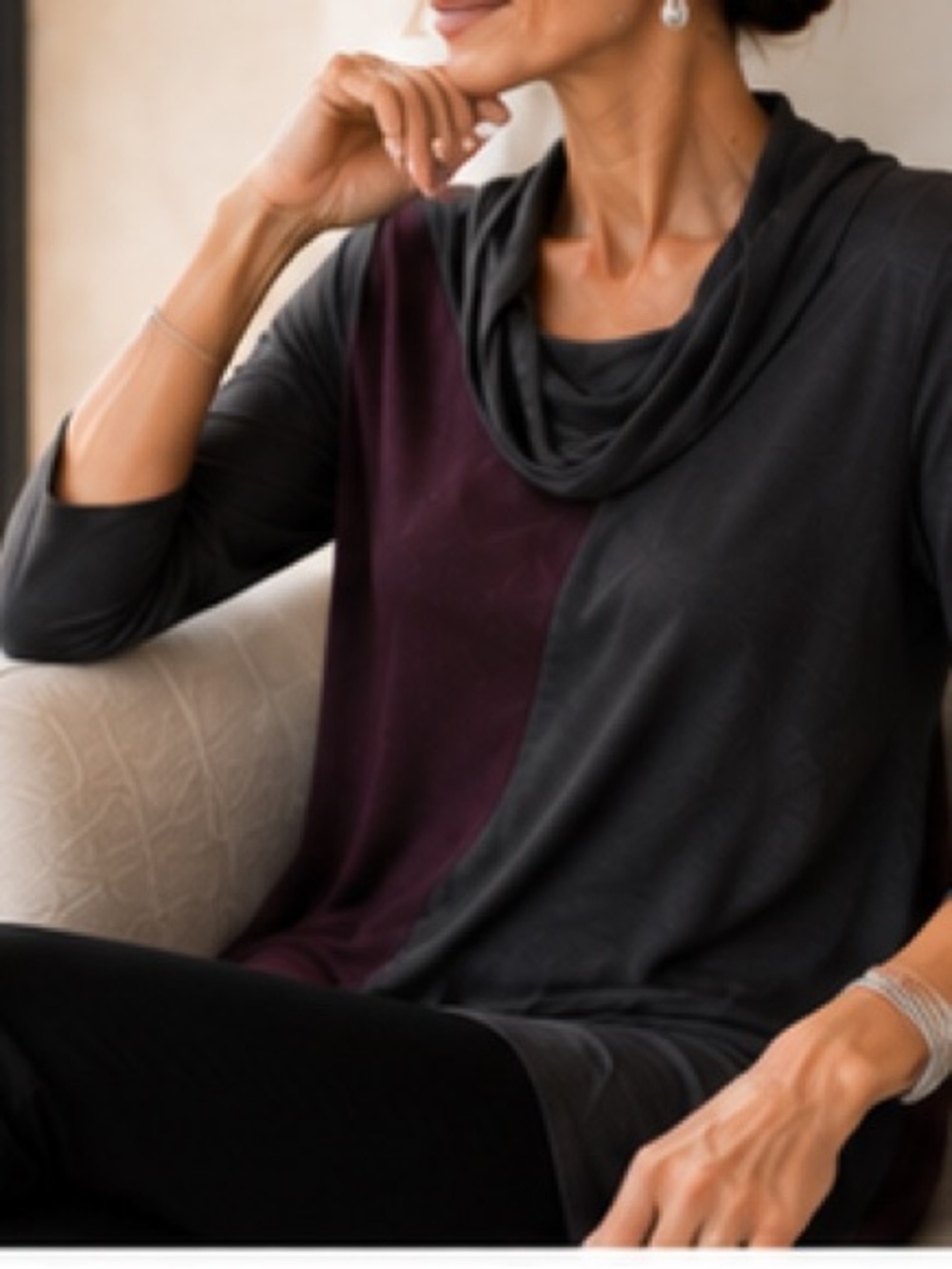 Sun Kim USA Charcoal Gray Plum Colorblock 3/4 Sleeve Asymmetrical Cowl Tunic S - Picture 9 of 10